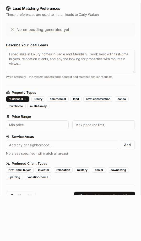 Agent profile with lead matching preferences and specializations