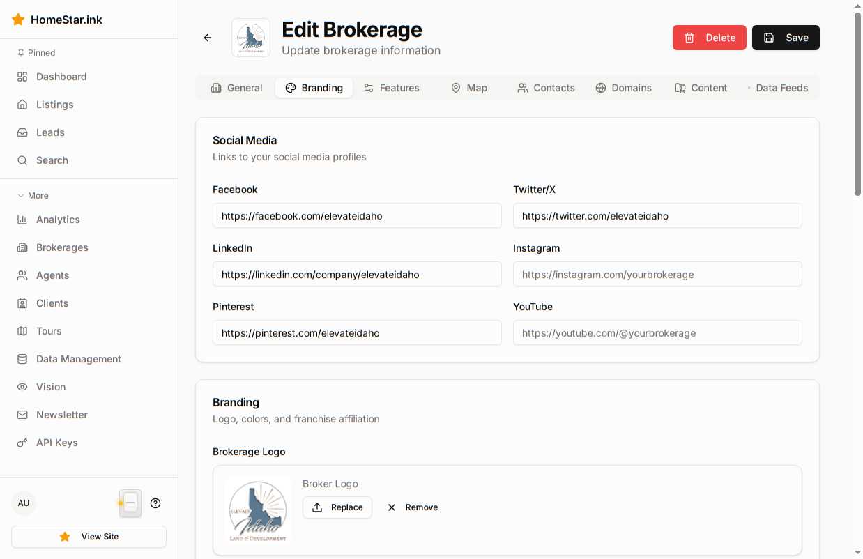 Brokerage branding configuration showing logo, colors, and domain settings