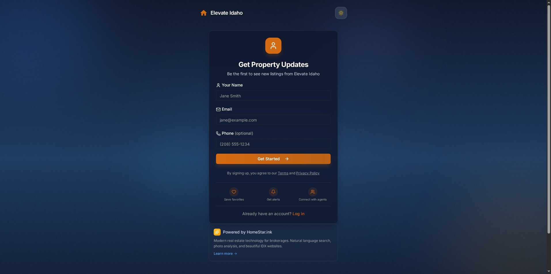 Client registration form with Elevate Idaho branding showing lead capture fields and trust signals