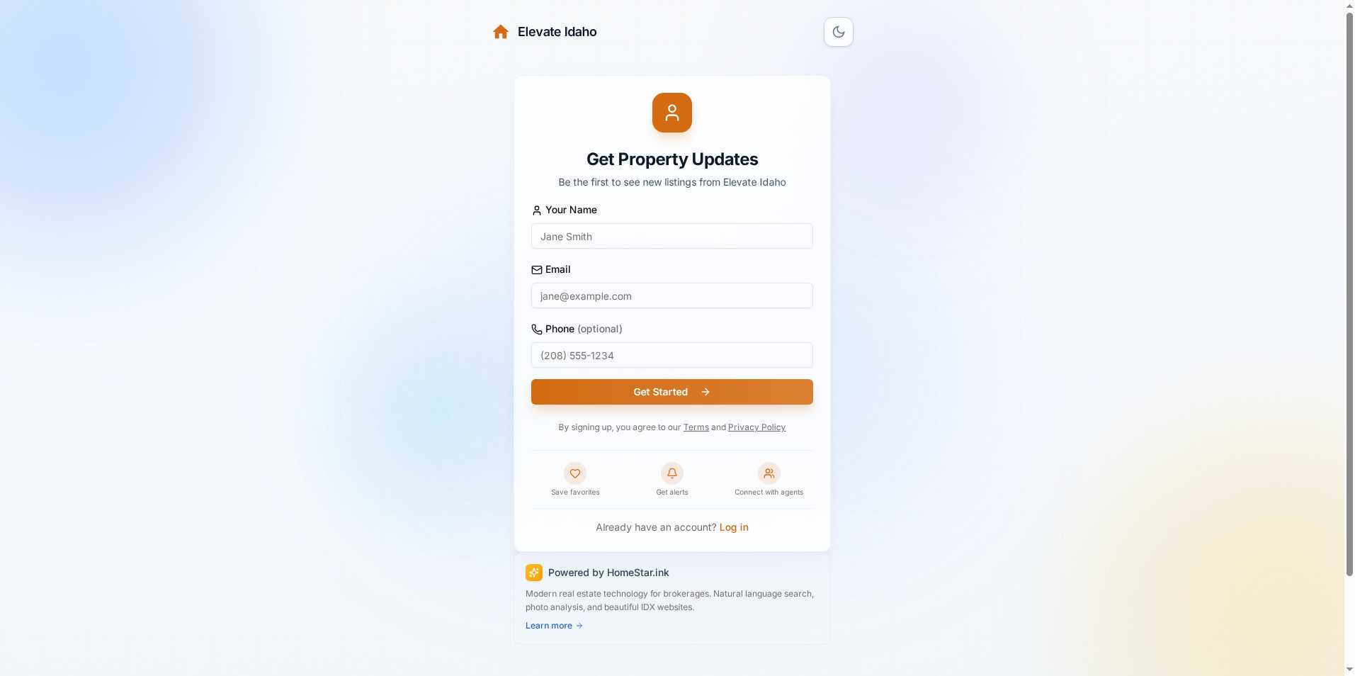 Client registration form with Elevate Idaho branding showing lead capture fields and trust signals