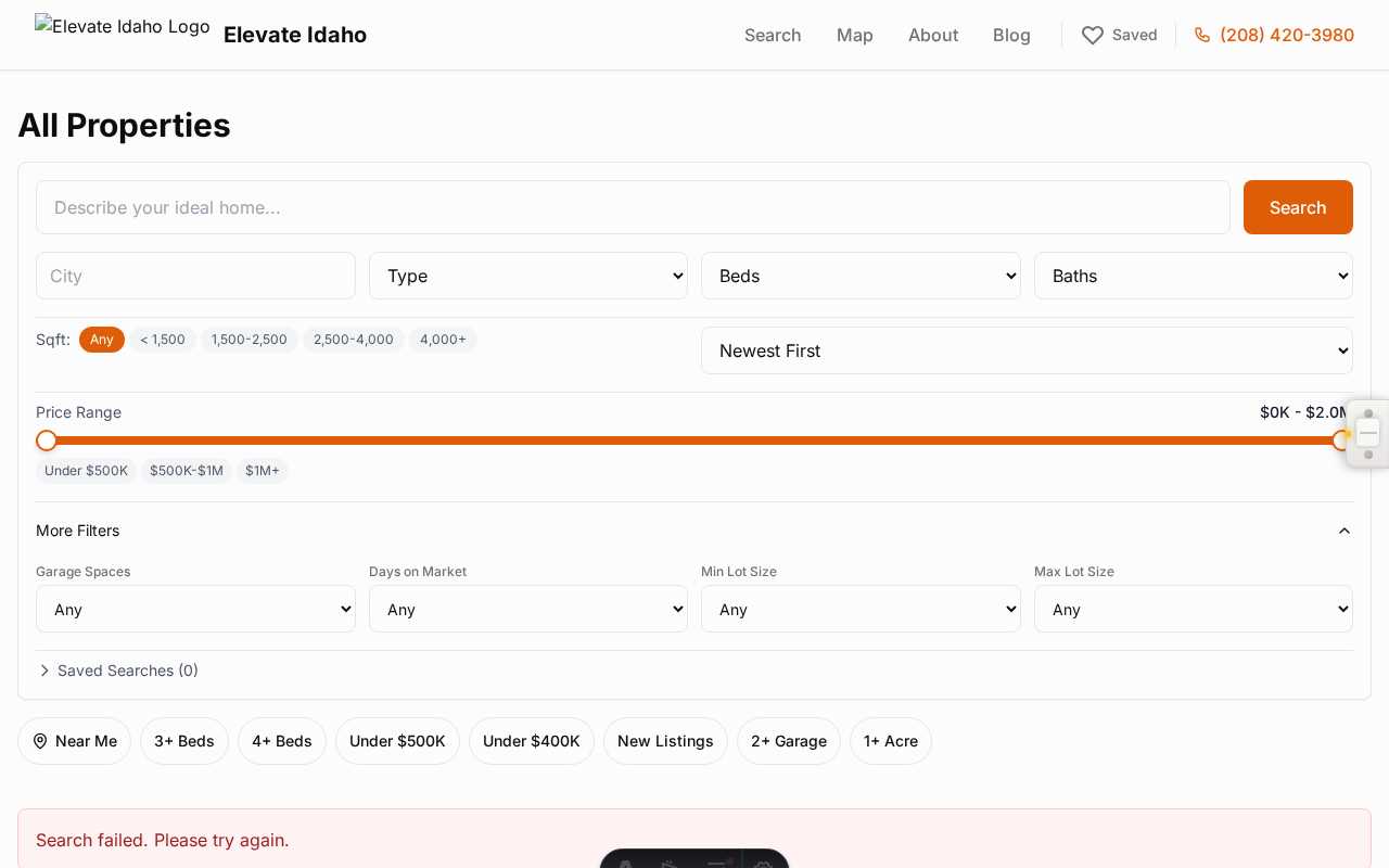 Mobile-first search interface with quick filter chips